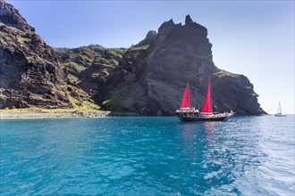Sailing ship with red sails in a small bay near Los Gigantes