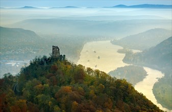 Drachenfels castle ruins in autumn with a view of the Rhine Valley