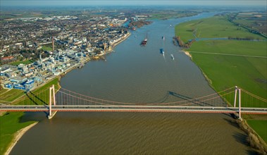 Aerial view of the Emmerich Rhine Bridge during flooding