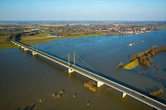 Aerial view of the Rhine bridge of Rees during flooding