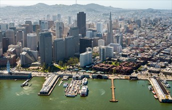 Aerial view of San Francisco Downtown with its piers as seen from the water