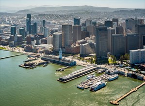 Aerial view of San Francisco Downtown with its piers as seen from the water
