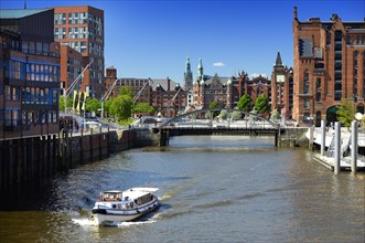 View over the port of Magdeburg in the harbor city towards the Speicherstadt