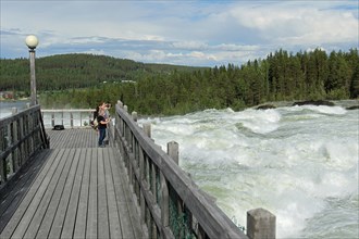 Tourists at the rapids Storforsen in the river Pitealven