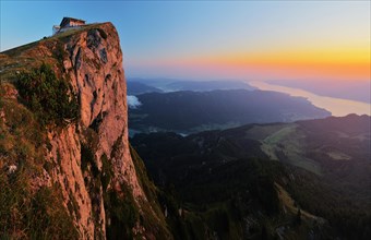 Mt Schafberg and Hotel Schafbergspitze with Attersee or Lake Attersee at dawn