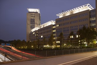 Office Building Evonik at dusk