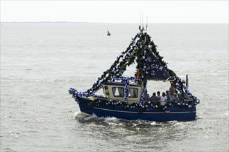 Festively decorated shrimp boats