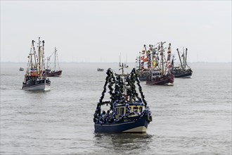 Festively decorated shrimp boats