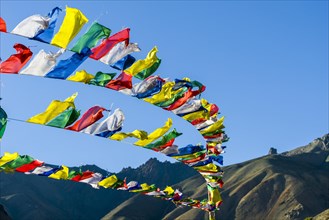 Tibetan prayer flags waving in the wind at Lamayuru Gompa