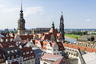 Aerial panoramic view of Residenzschloss or Dresden Castle with Hausmannsturm tower and Hofkirche church in historic centre