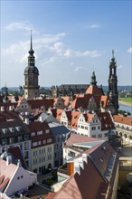 Aerial panoramic view of Residenzschloss or Dresden Castle with Hausmannsturm tower and Hofkirche church in historic centre