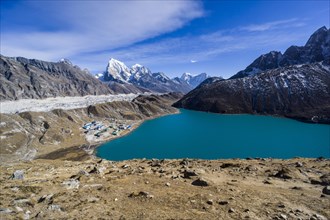 View of the lake and village of Gokyo from Gokyo Ri