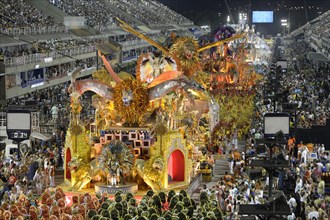 Parade of the Estacio de Sa samba school with allegories float through the Sambodromo Carnival 2016 Rio de Janeiro