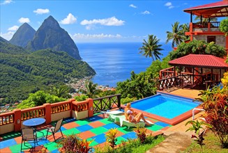 Terrace with swimming pool of the Samfi Gardens Resort with view of the village and the two pitons