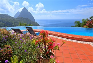 Terrace with swimming pool of the La Haut Resort with views of the two Pitons