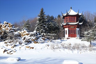 Chinese pavilion in snow at the botanical garden