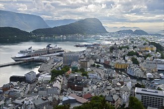View from the Aksla hill to Alesund with the cruise ship terminal