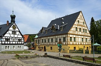 Hotel Saigerhutte with Huttenschenke left and Haus des Anrichters right