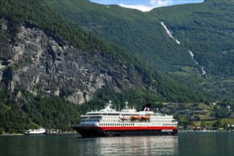 Cruise ship MS Nordkapp of the shipping company Hurtigruten AS in Geirangerfjord