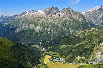 View over the Chamonix valley with the Montroc and Le Tour villages to the Aiguilles Rouges massif