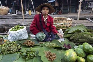 Local woman selling vegetables in the market in Nyaungshwe
