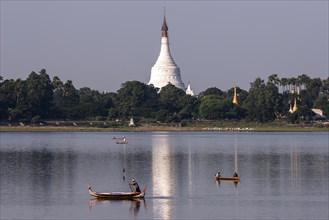 Taungthaman lake with wooden boats