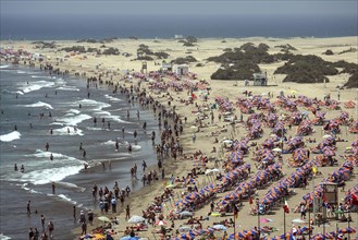 Crowded beach with umbrellas