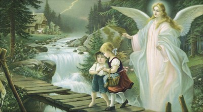 Guardian angel leading children over a bridge