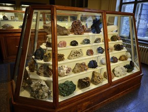 Various minerals in glass cabinets