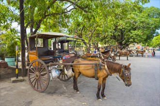 Horse-drawn Kalesa carriages waiting for passengers on Plaza Burgos
