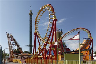 Boomerang roller coaster and Prater Tower