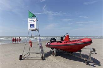 Lifeguard station with lifeboat on the beach