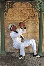 Cuban trumpet player performing in a small park