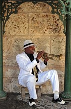 Cuban trumpet player performing in a small park