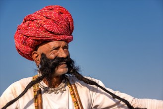 Portrait of an elderly Rajasthani man with a long beard wearing a turban