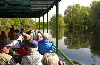 Tourists in an excursion boat on the river in wetland