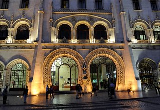 Entrance to the train station at Rossio with night-lighting