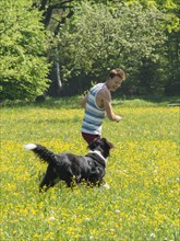 Young man playing frisbee with dog in meadow