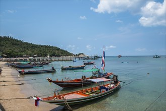Colourful long-tail boats on beach