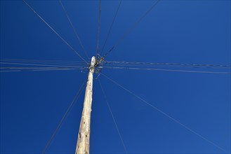 Electric cables and telephone lines attached to pylon