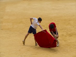 Toreros practicing bullfighting in bullring