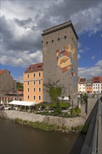 View of Dreiradenspeicher with Goddess of Europe from old town bridge