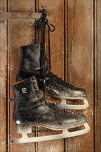 Old ice skates hanging on a wooden door with snowflakes