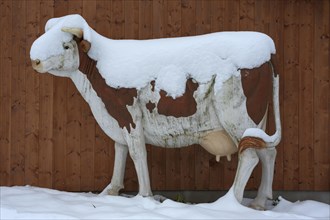 Cow figure covered in snow in front of cowshed