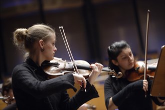 Violinists playing in an orchestra