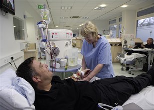 Patient and nurse during outpatient dialysis in the dialysis center of the Dominikus Krankenhaus hospital