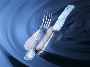 Cutlery on a stone under water