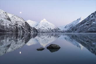 Moon and Portage Lake at twilight