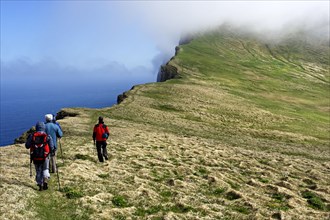 Hikers walking on the Hombjarg bird cliffs