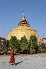 Monk walking in front of stupa at Sitagu International Buddhist Academy